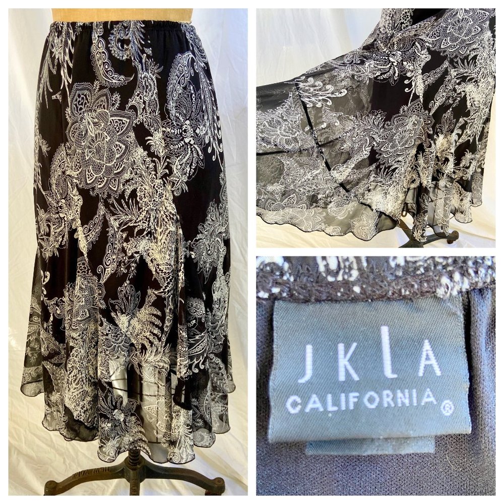 JKLA CALIFORNIA Black Paisley Floral Full Flare Swing Skirt Boho Cottagecore S